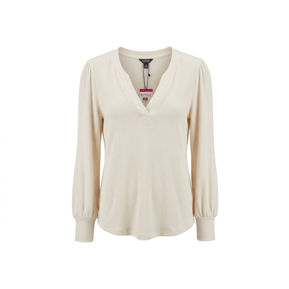NWT Buffalo Top Women M Cream V-Neck Long Sleeve Blouse Puffed Shoulder